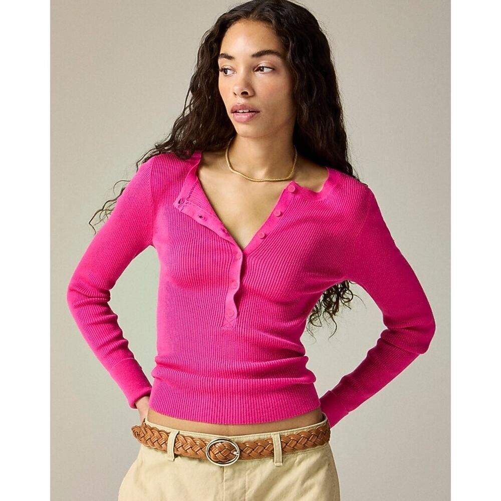 J. Crew TENCEL Blend Long Sleeve Henley Sweater Hot Pink Women's Size Small